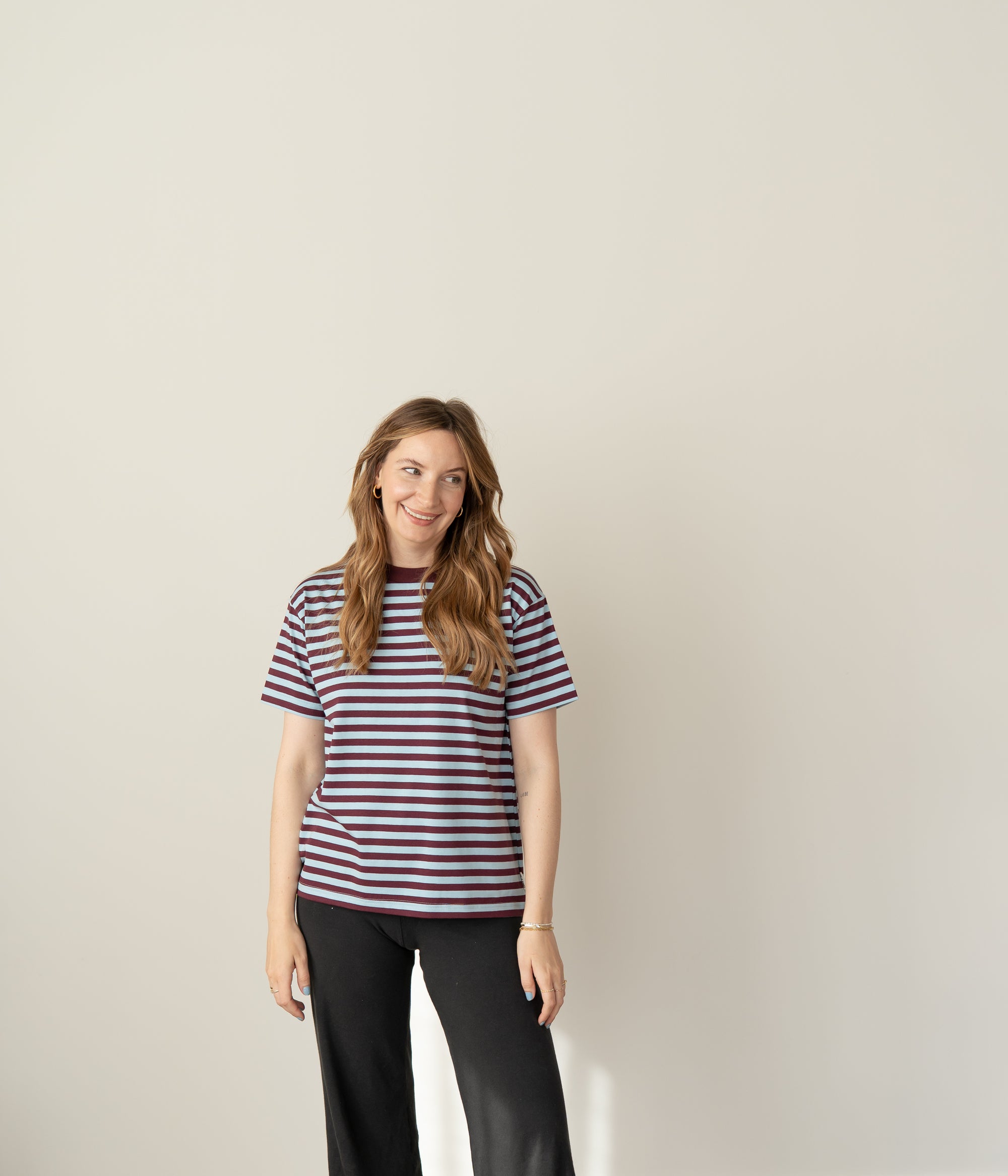 WOMEN OVERSIZE T-SHIRT STRIPED BLUEBELL/ BURGUNDY