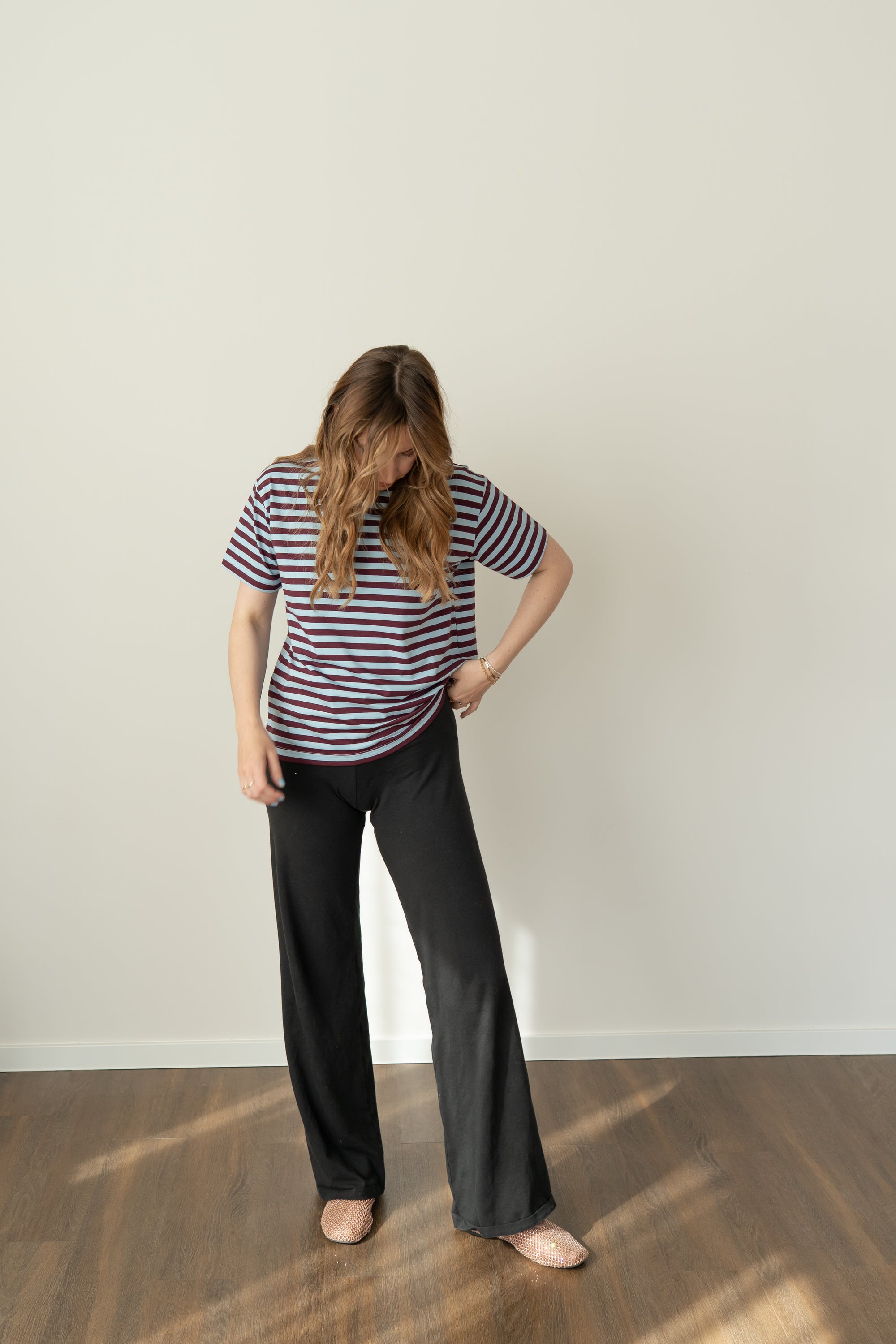 WOMEN OVERSIZE T-SHIRT STRIPED BLUEBELL/ BURGUNDY