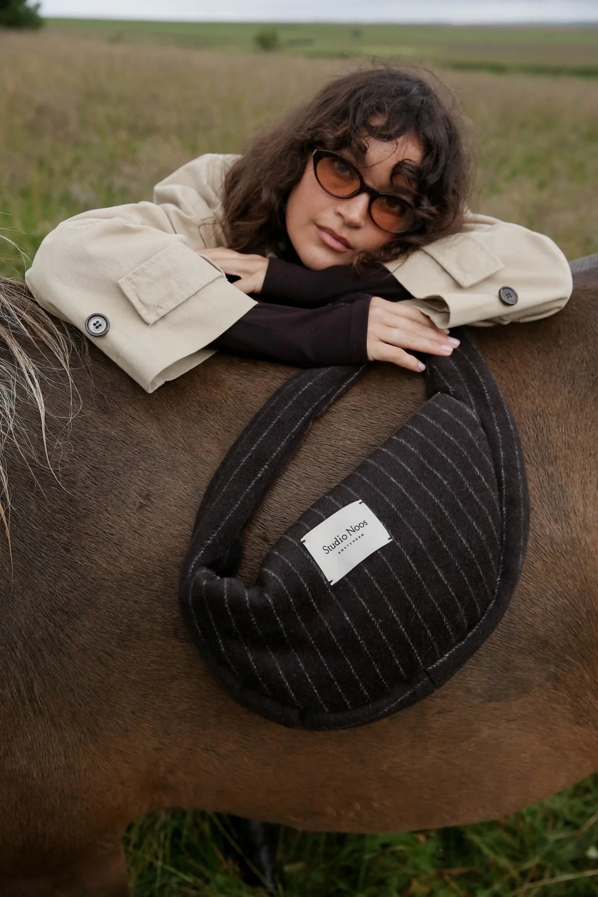 BROWN FLANNEL CHALKSTRIPE MINI CROSS BODY BAG