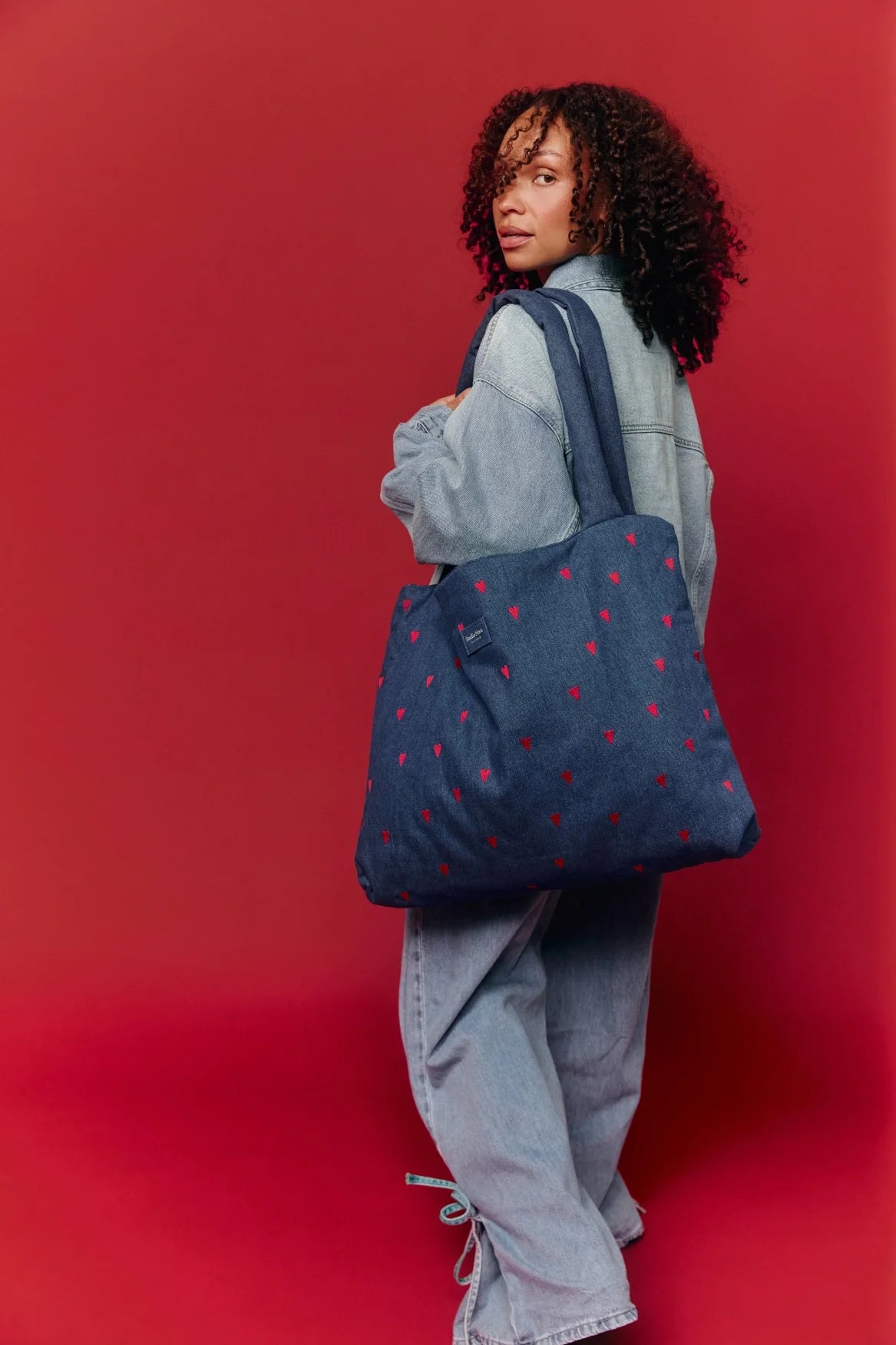 MOM BAG DENIM HEARTS DARK BLUE