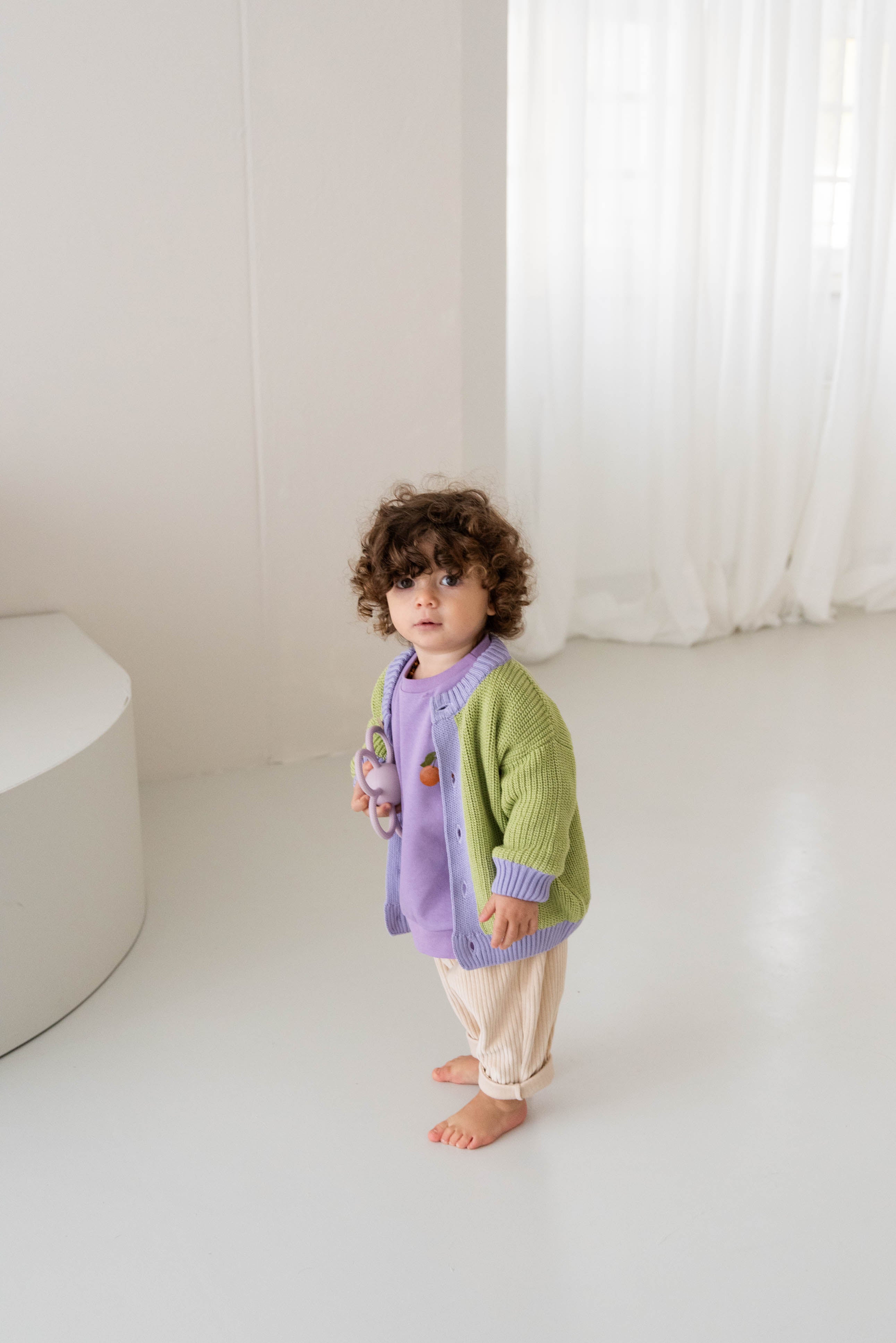 CHUNKY KNIT CARDIGAN LIME LAVENDER