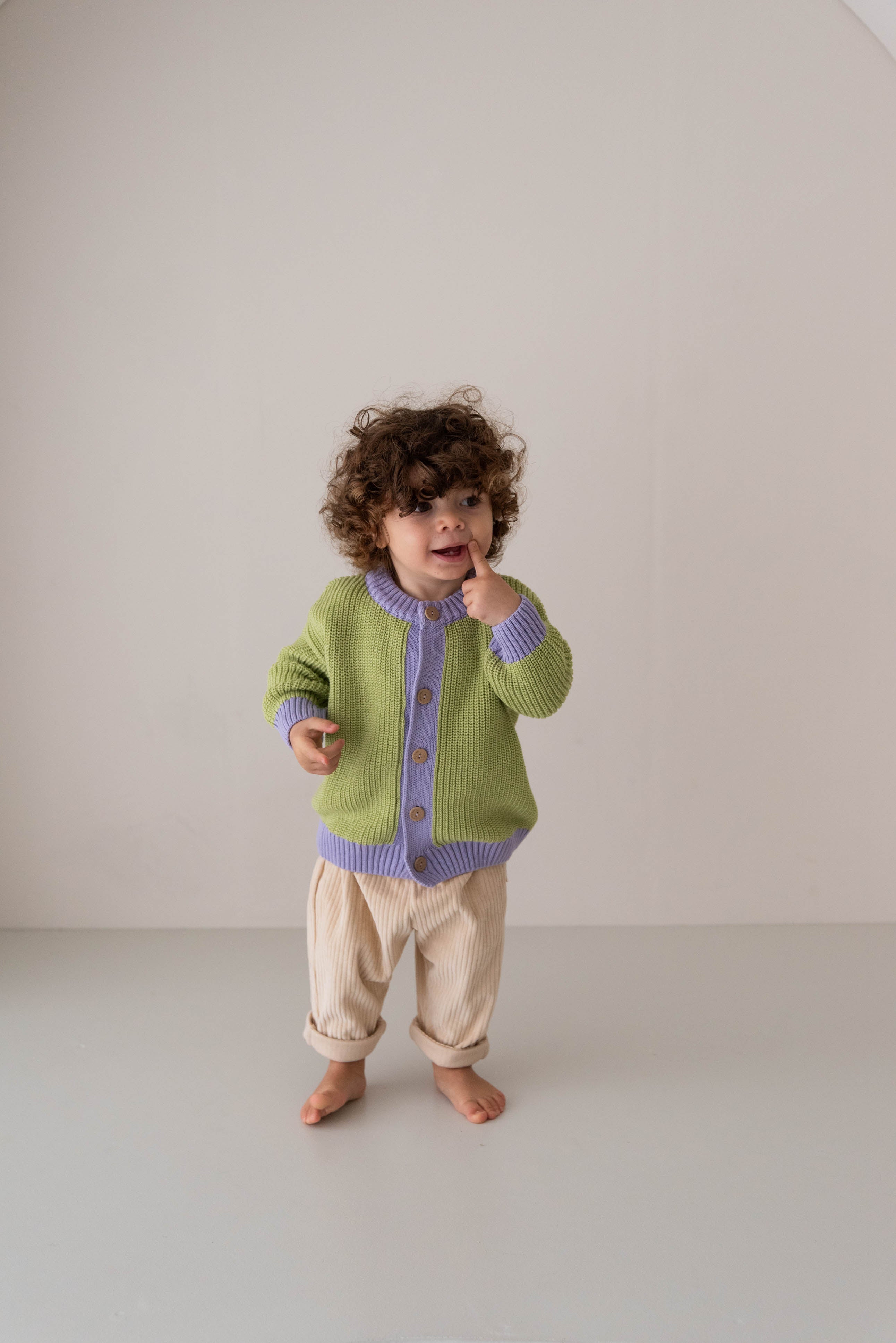 CHUNKY KNIT CARDIGAN LIME LAVENDER